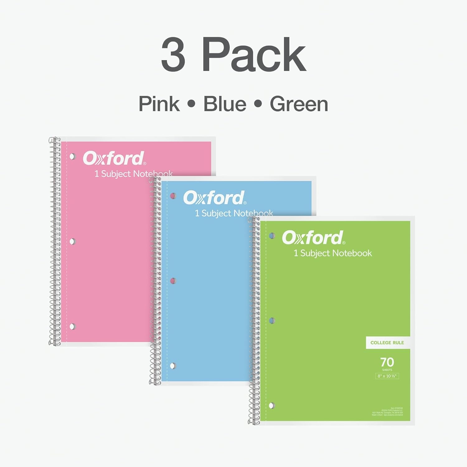 Spiral Notebooks, 1-Subject for School, College Ruled Paper, 70 Sheets, 8 X 10.5 Inches, Assorted Pastel Colors, 3 Pack (1002540)