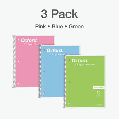 Spiral Notebooks, 1-Subject for School, College Ruled Paper, 70 Sheets, 8 X 10.5 Inches, Assorted Pastel Colors, 3 Pack (1002540)