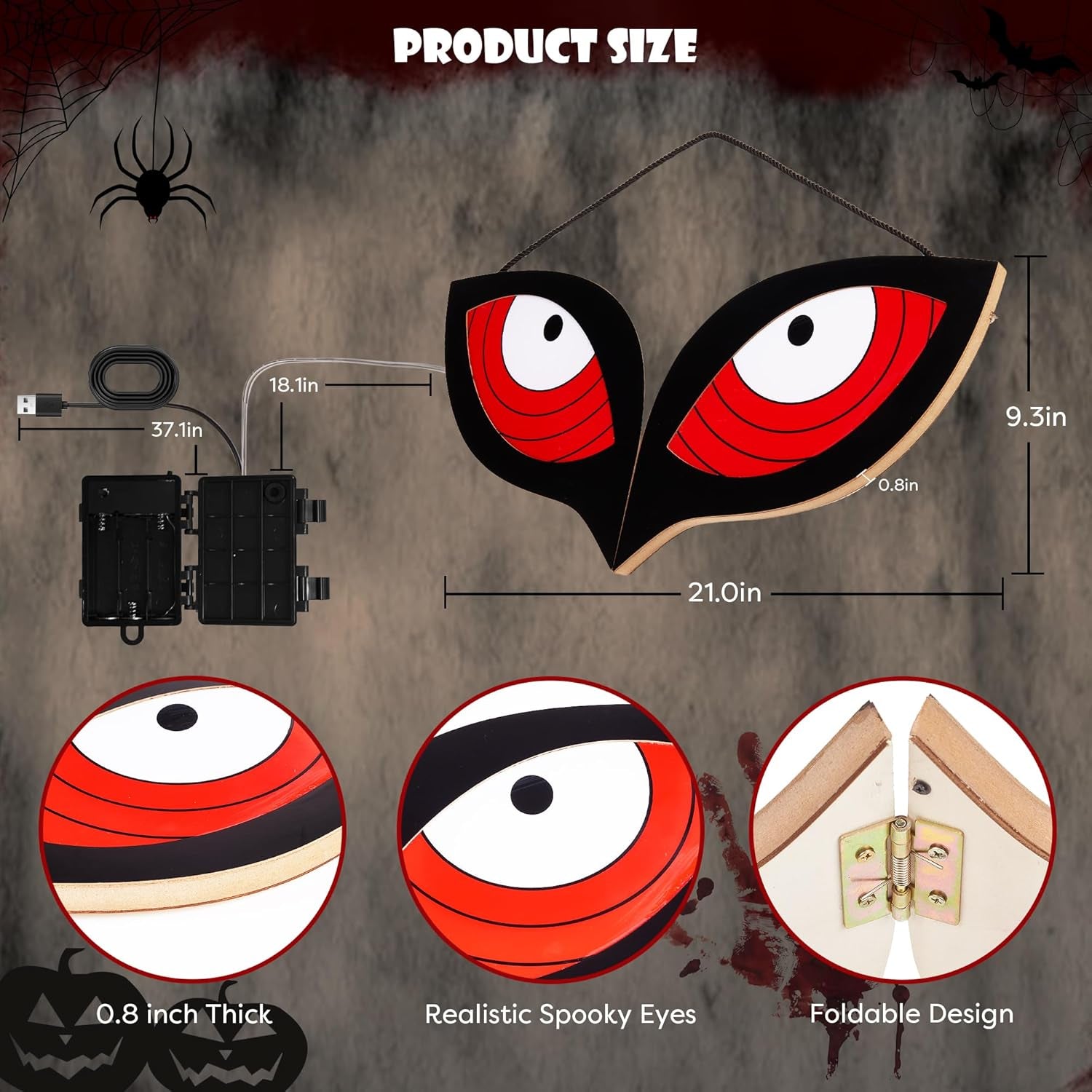 Halloween Decorations Spooky Eyes Lights, 23.6 Inch Large Wooden Halloween Eyes Lights with 7 Color Modes, Battery/Usb-Powered, Super Bright Realistic Owl Eyes for Indoor Outdoor Halloween Décor