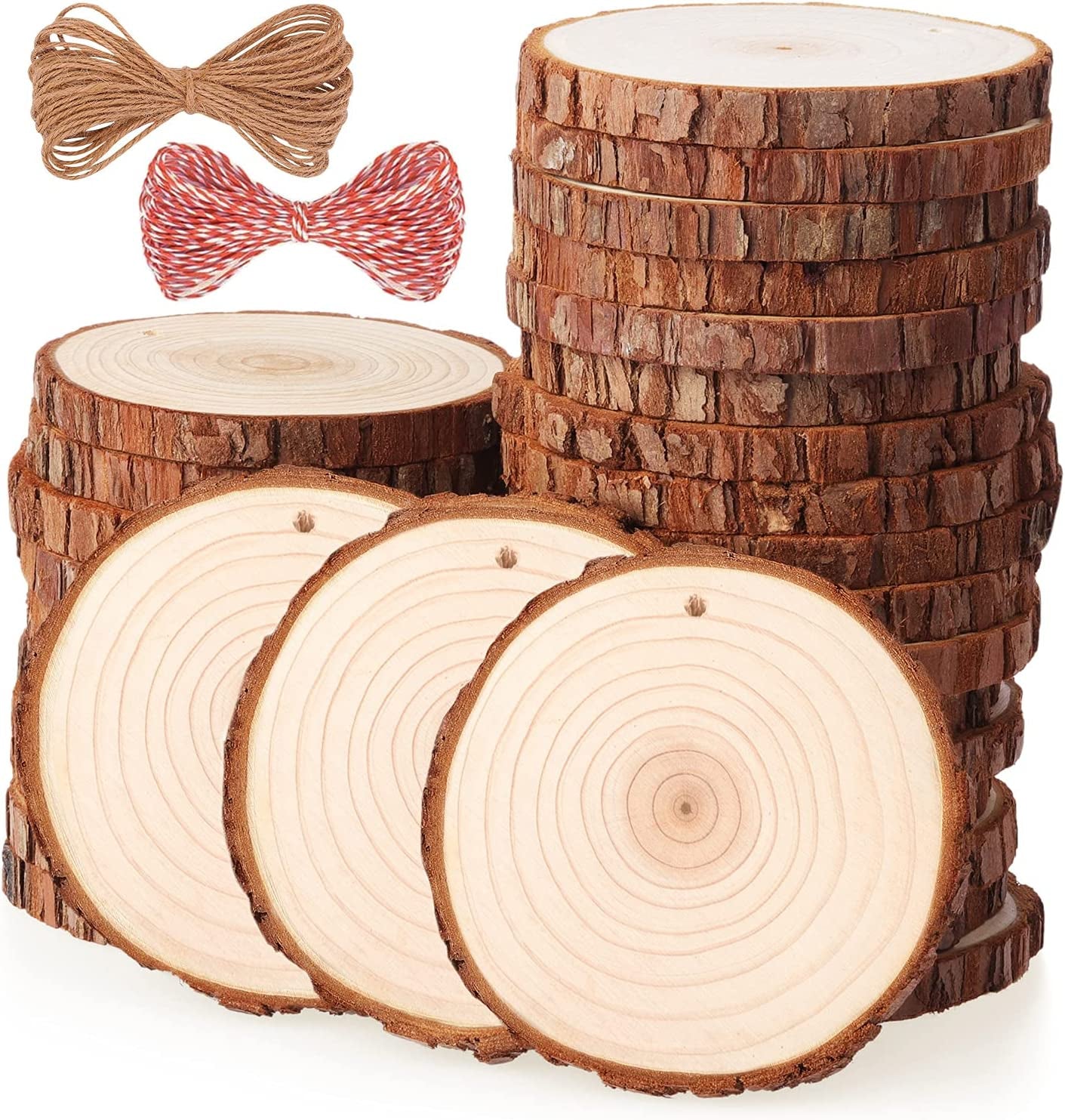 Natural Wood Slices, 30 Pcs 3.5-4 Inch Unfinished Predrilled Wooden Circles Tree Slice with Hole & Barks for DIY Arts Craft Christmas Ornaments