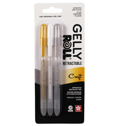 Retractable Craft Gel Pens, 08 Medium Point, Assorted Colors, 3-Pack, Blister Card