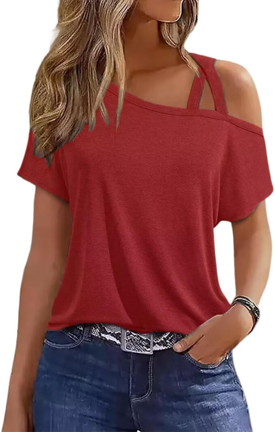 Criss-Cross One Shoulder Tops Sexy Cold Shoulder Shirts Summer Short Sleeve T-Shirts Vacation Loose Casual Tees