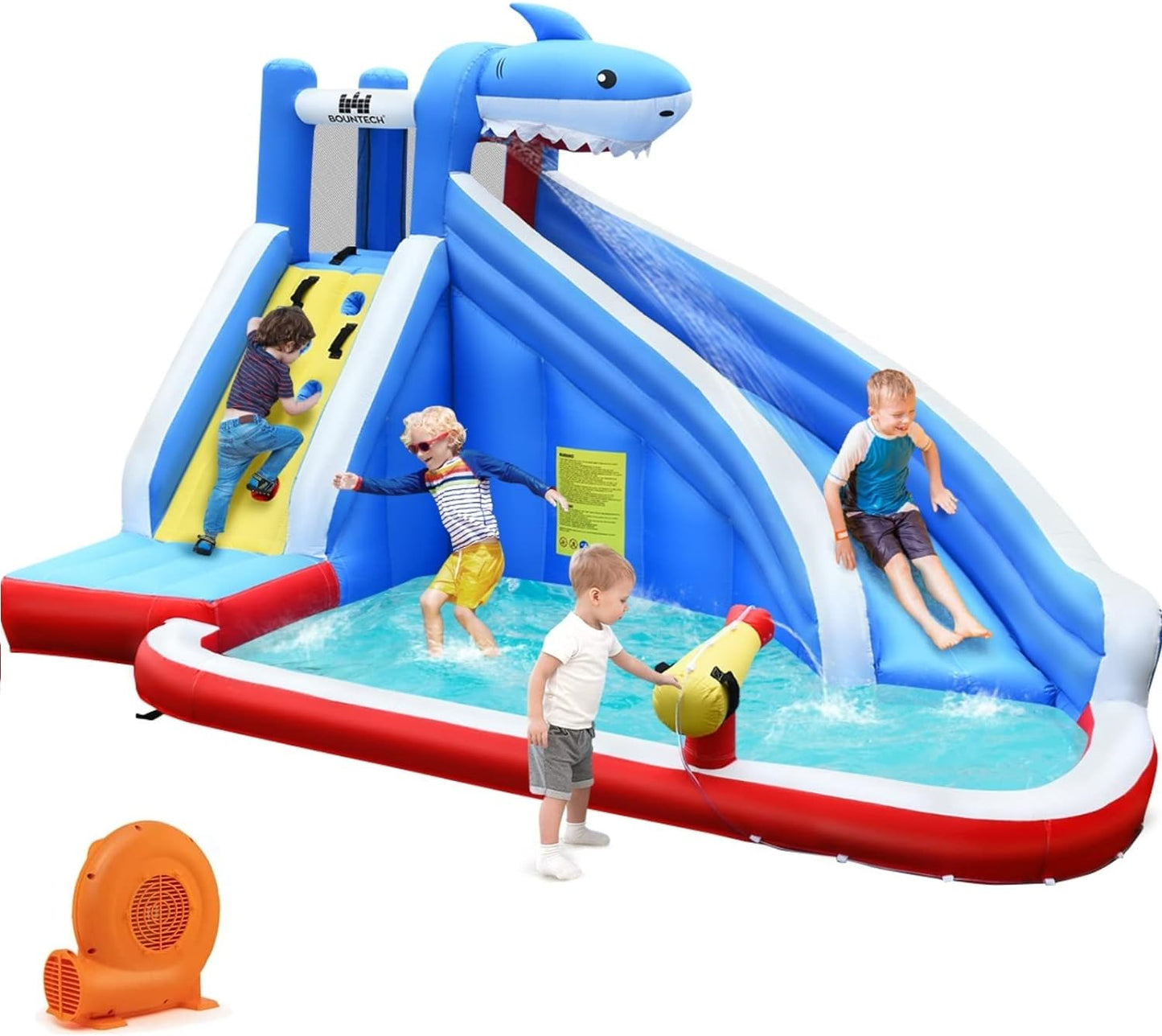 Inflatable Water Slide, Shark Themed Waterslide Park for Kids Backyard Outdoor Fun W/Long Slide, Splashing Pool, 750W Blower, Blow up Water Slides Inflatables for Kids and Adults Party Gifts