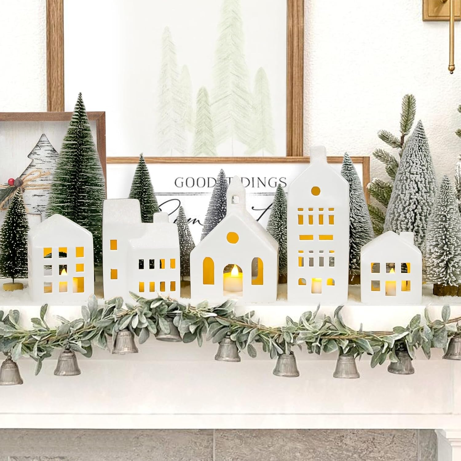 Christmas Decorations - Christmas Decorations Indoor - Christmas Village Sets of 5 Lighted Ceramic Houses with Remote Control & 9 Trees - White Xmas Holiday Farmhouse Rustic Decor for Home Table Room