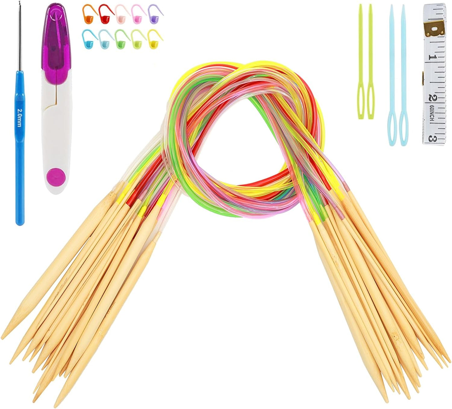 Bamboo Knitting Needles Set -18 Pairscircular Wooden Knitting Needles with Colorful Plastic Tube, Small Tools for Weave Are Included, 18 Sizes: 2Mm - 10Mm, 31.5" Length