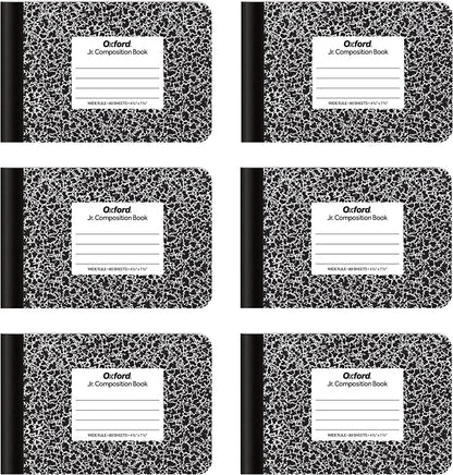 Jr. Composition Notebooks, Half Size, 4-7/8 X 7-1/2 Inches, Wide Ruled Paper, 80 Sheets, Black Marble Covers, 6 Pack (63773)