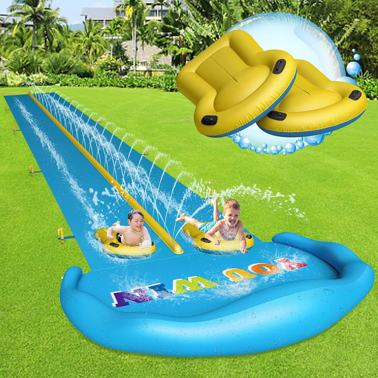 Water Slide, 32.8Ft Inflatable Splash Water Slip with 2 Racing Lanes and 2 Body Boards for Kids Boys Girls Adults, Water Slide Outdoor Water Toys for Backyard Garden