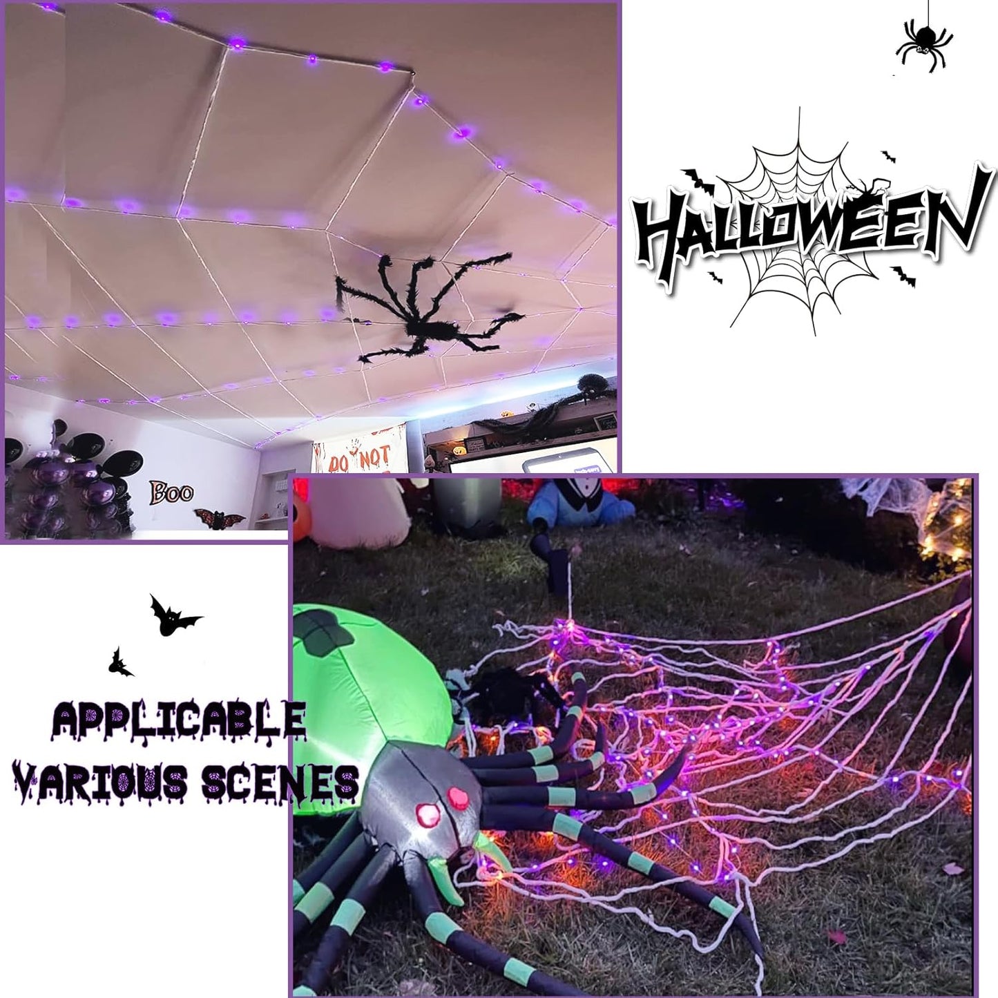 Spider Webs Halloween Decorations - Light up Spider Web Halloween Decorations Outdoor 32X16.5Ft- 450 LED Giant Spider Web & 50G Stretch Cobweb,Halloween Spiderwebs with Remote Control