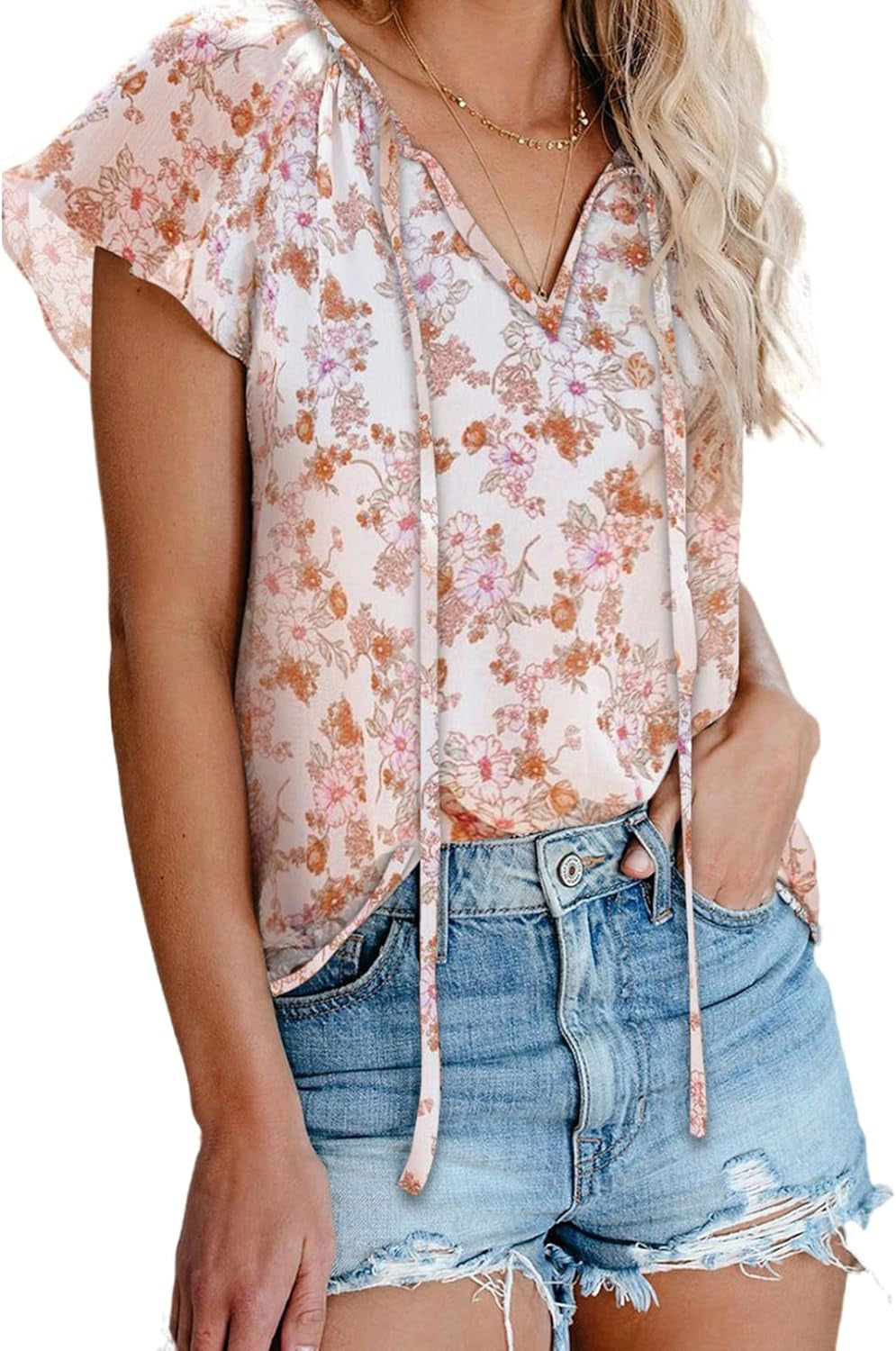 Women'S Casual Boho Floral Printed V Neck Tops Drawstring Short Long Sleeve T Shirt Blouses