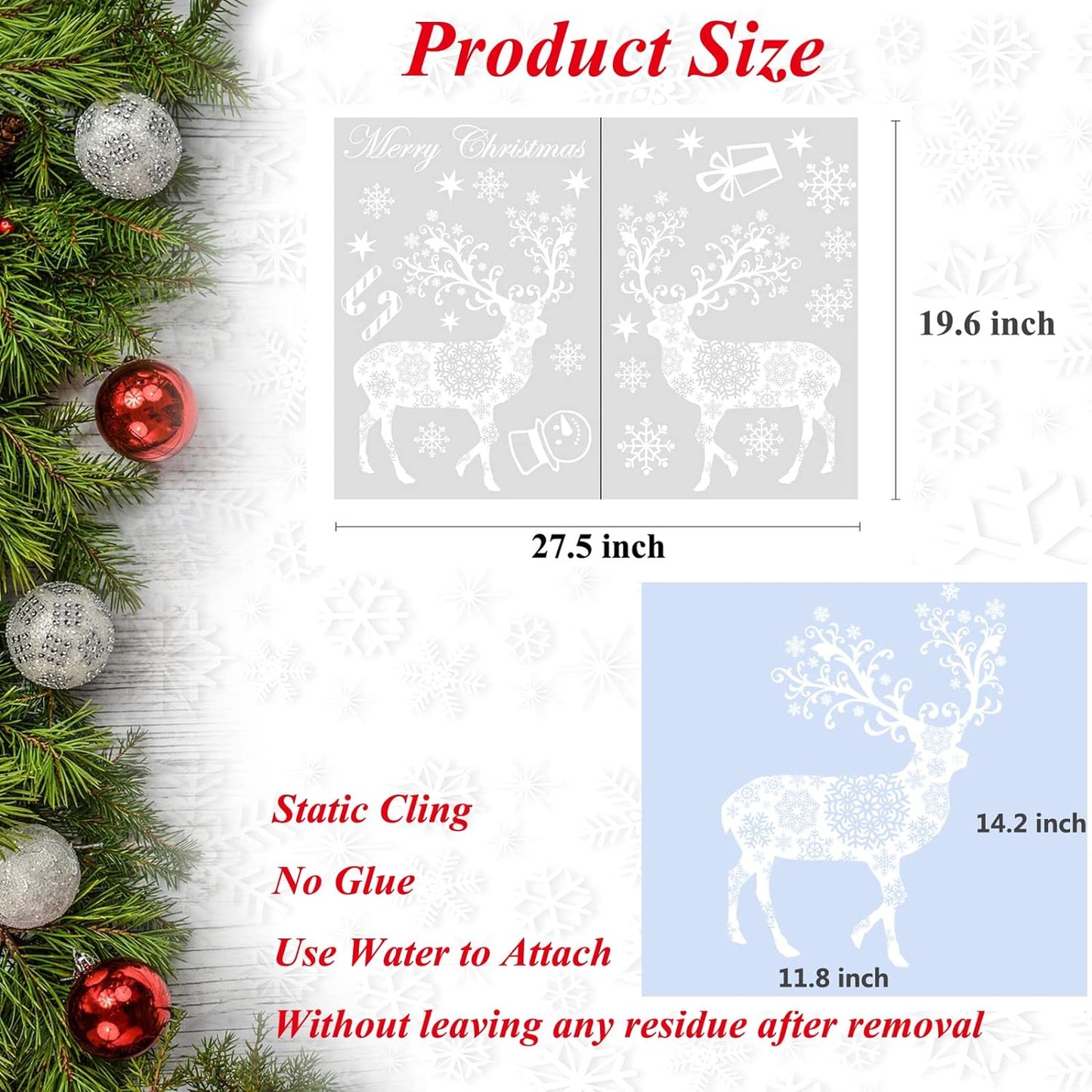 Christmas Snowflake Window Cling Stickers for Glass, Xmas Decals Decorations Holiday Snowflake Santa Claus Reindeer Decals for Party, Christmas No Glue Static Stickers for Glass Windows