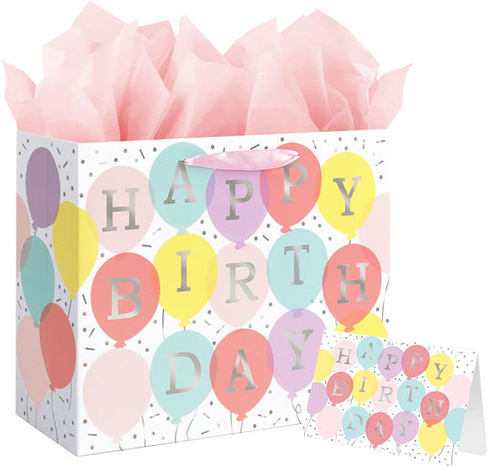 13" Large Happy Birthday Gift Bag with Tissue Paper and Card for Girls Kids Women Birthday (Colourful Balloon)