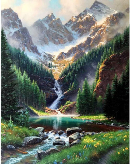 Paint by Number Mountains Waterfall DIY Painting on Canvas, Paintwork with Paintbrushes Acrylic Paints,Perfect for Paint by Numbers for Adults and Kids Students Beginner, for Home Wall Decor16X20 Inch