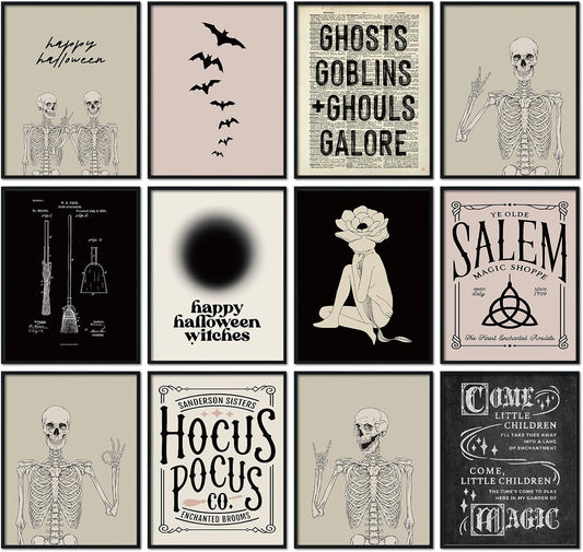 Halloween Wall Art Prints 8X10 Inch Vintage Halloween Wall Decor Boho Skeleton Witch Bat Home Decor Wall Art for Halloween Gallery Wall Home Living Room Bedroom Decor (UNFRAMED)