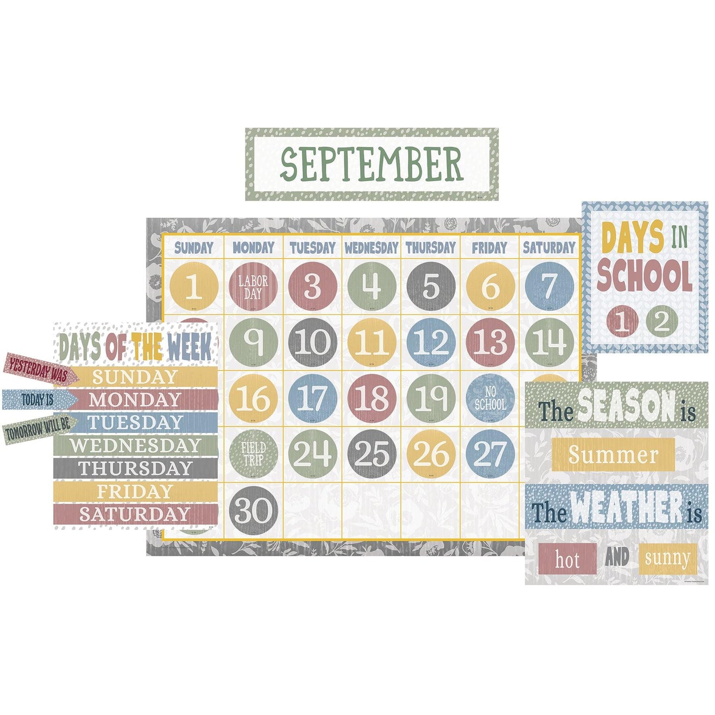 Classroom Cottage Calendar Bulletin Board Set, 109 Pieces - Loomini