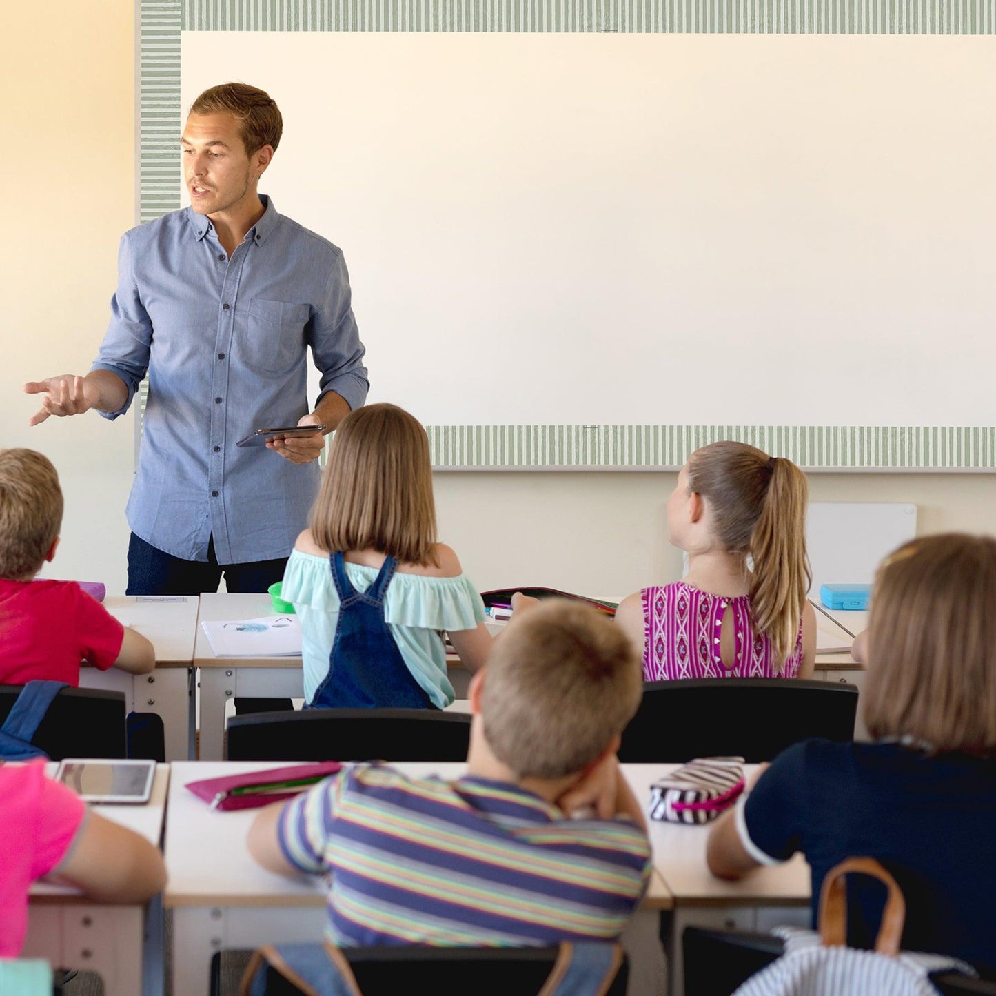 Classroom Cottage Sage Green Stripes Straight Border Trim, 35 Feet Per Pack, 6 Packs - Loomini