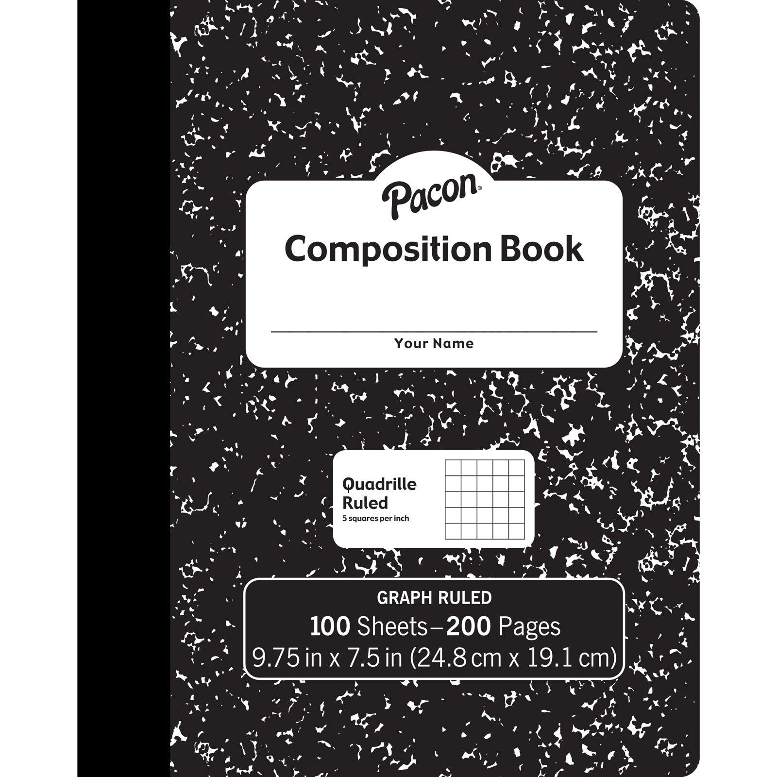 Composition Book, Black Marble, 1/5" Quadrille Ruled, 9-3/4" x 7-1/2", 100 Sheets, Pack of 6 - Loomini