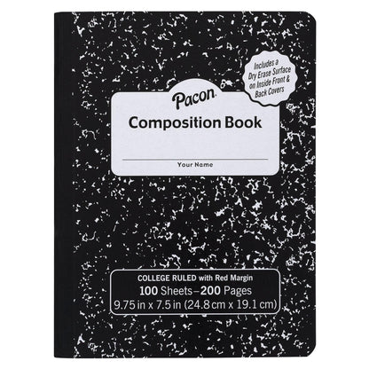 Composition Book, Black Marble, 9/32 in ruling with red margin 9-3/4" x 7-1/2", 100 Sheets, Pack of 6 - Loomini