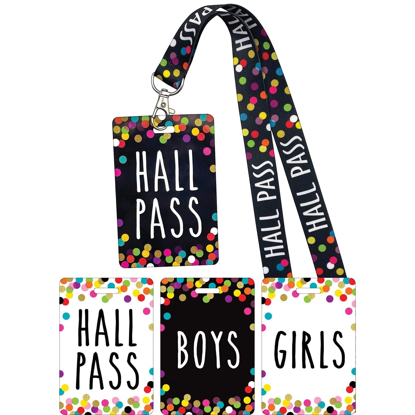 Confetti Hall Pass with Lanyard, 4 Per Pack, 3 Packs - Loomini