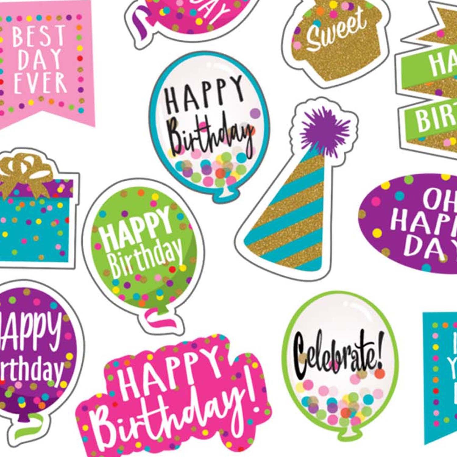Confetti Happy Birthday Stickers, 120 Per Pack, 12 Packs - Loomini