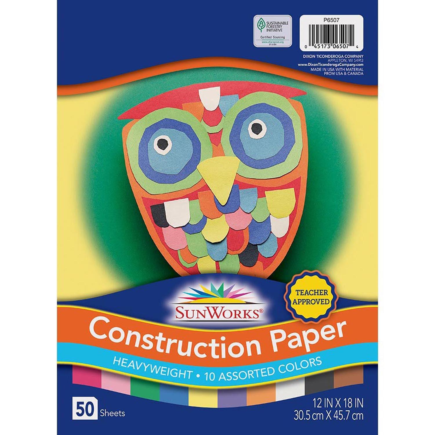 Construction Paper, 10 Assorted Colors, 12" x 18", 50 Sheets Per Pack, 5 Packs - Loomini