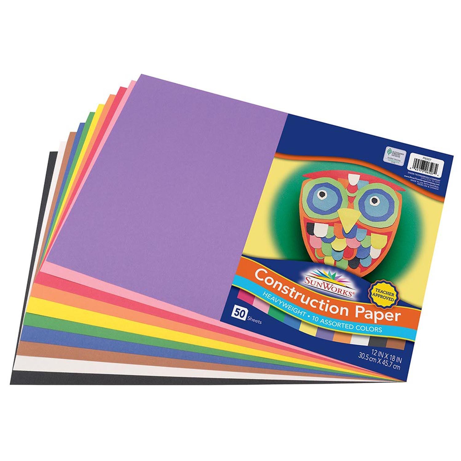 Construction Paper, 10 Assorted Colors, 12" x 18", 50 Sheets Per Pack, 5 Packs - Loomini