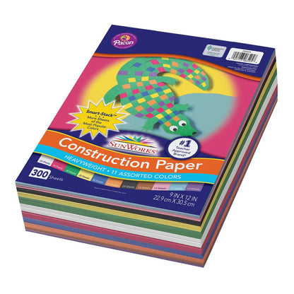 Construction Paper, 11 Assorted Colors, 9" x 12", 300 Sheets Per Pack, 2 Packs - Loomini