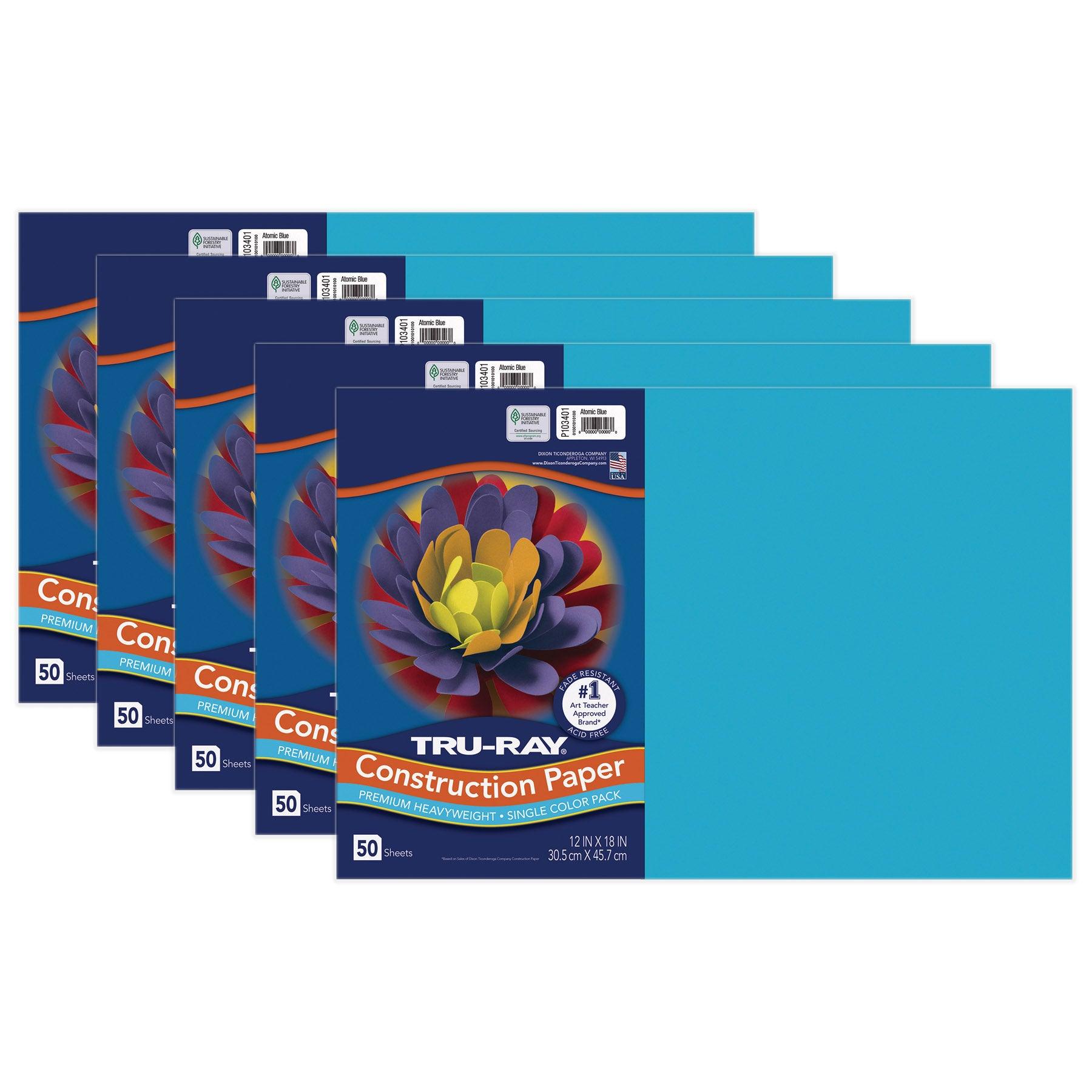 Construction Paper, Atomic Blue, 12" x 18", 50 Sheets Per Pack, 5 Packs - Loomini