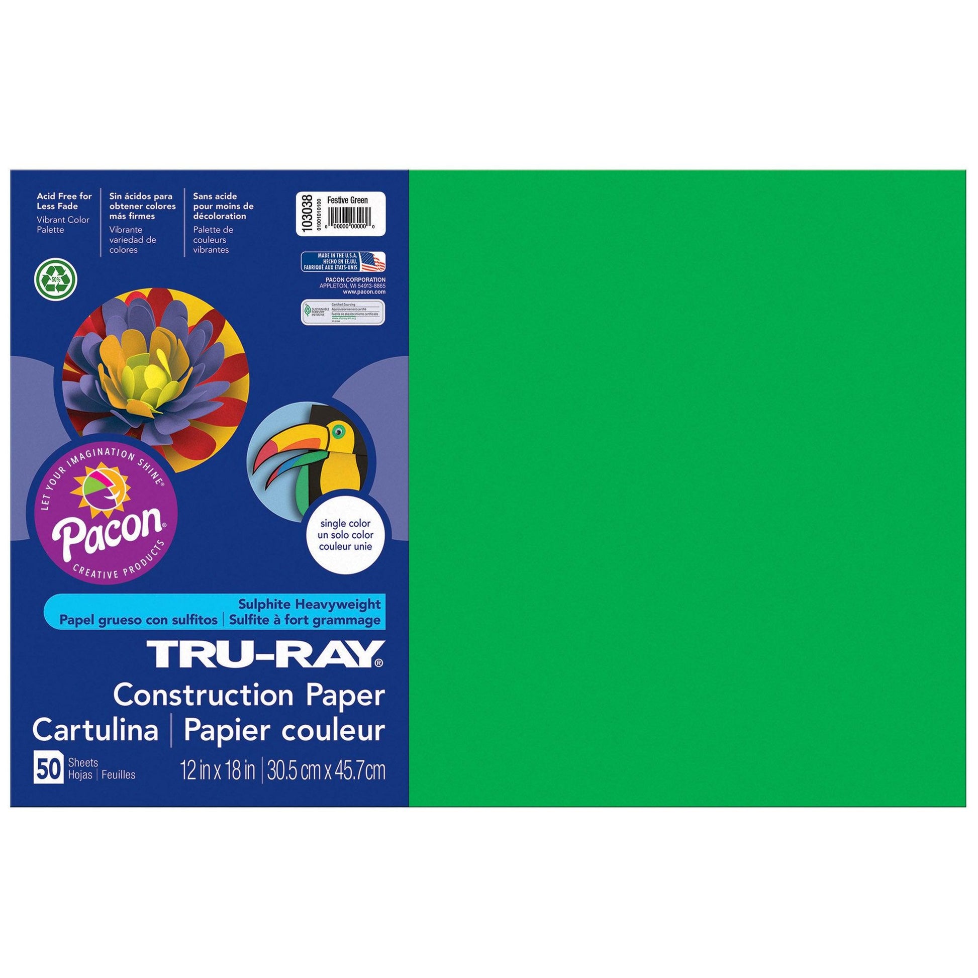 Construction Paper, Festive Green, 12" x 18", 50 Sheets Per Pack, 5 Packs - Loomini