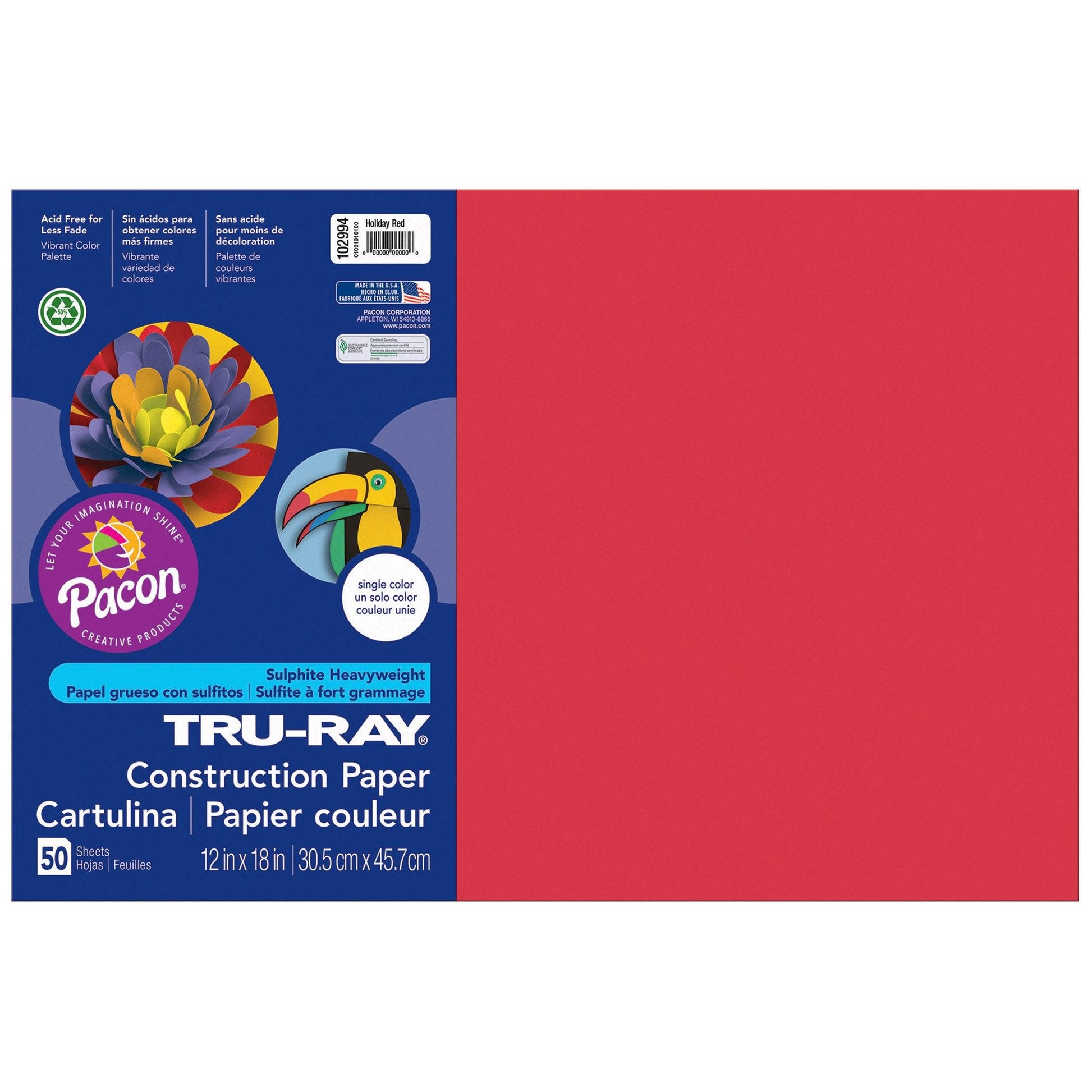 Construction Paper, Holiday Red, 12" x 18", 50 Sheets Per Pack, 5 Packs - Loomini
