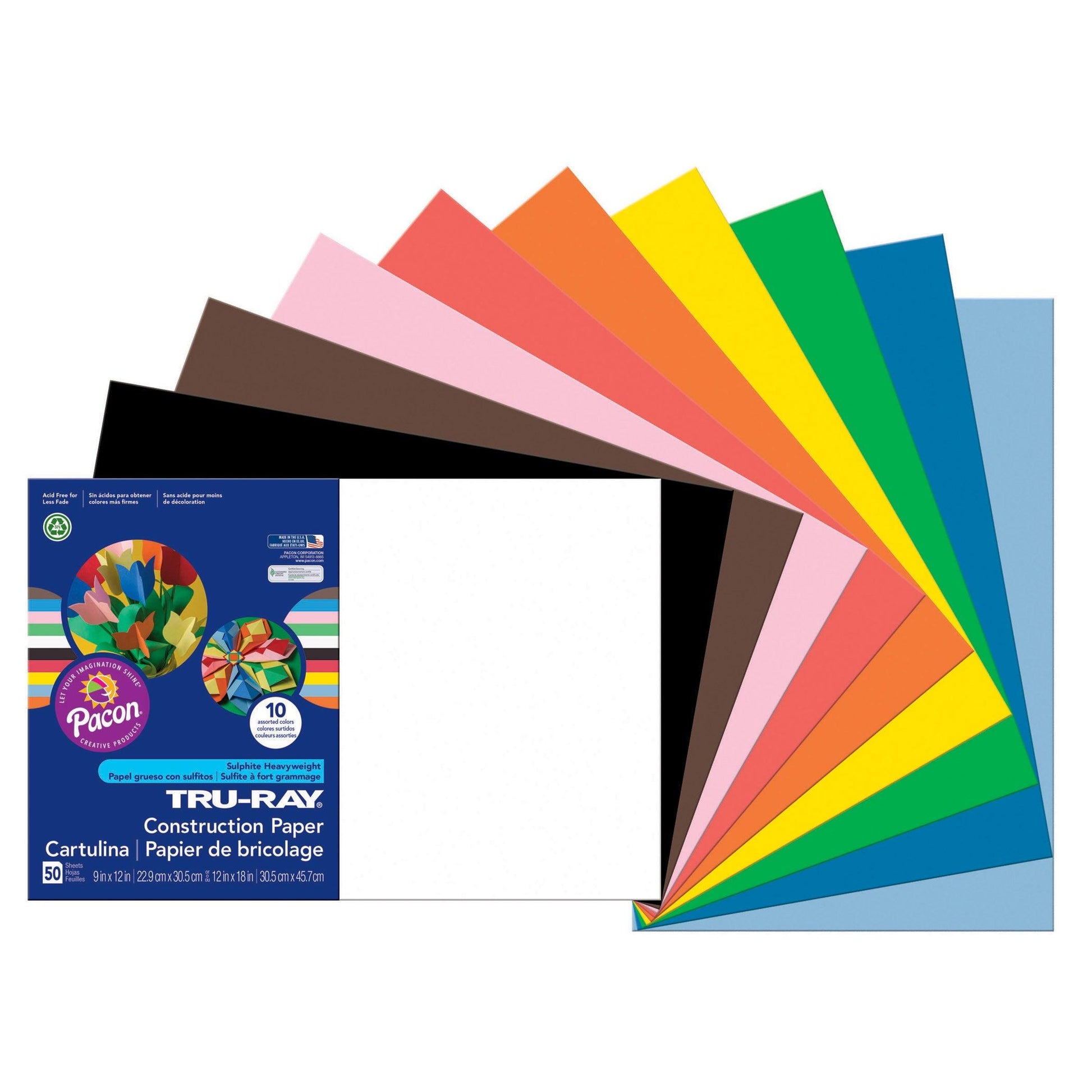 Construction Paper, Standard Assorted, 12" x 18", 50 Sheets Per Pack, 5 Packs - Loomini
