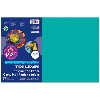 Construction Paper, Turquoise, 12" x 18", 50 Sheets Per Pack, 5 Packs - Loomini