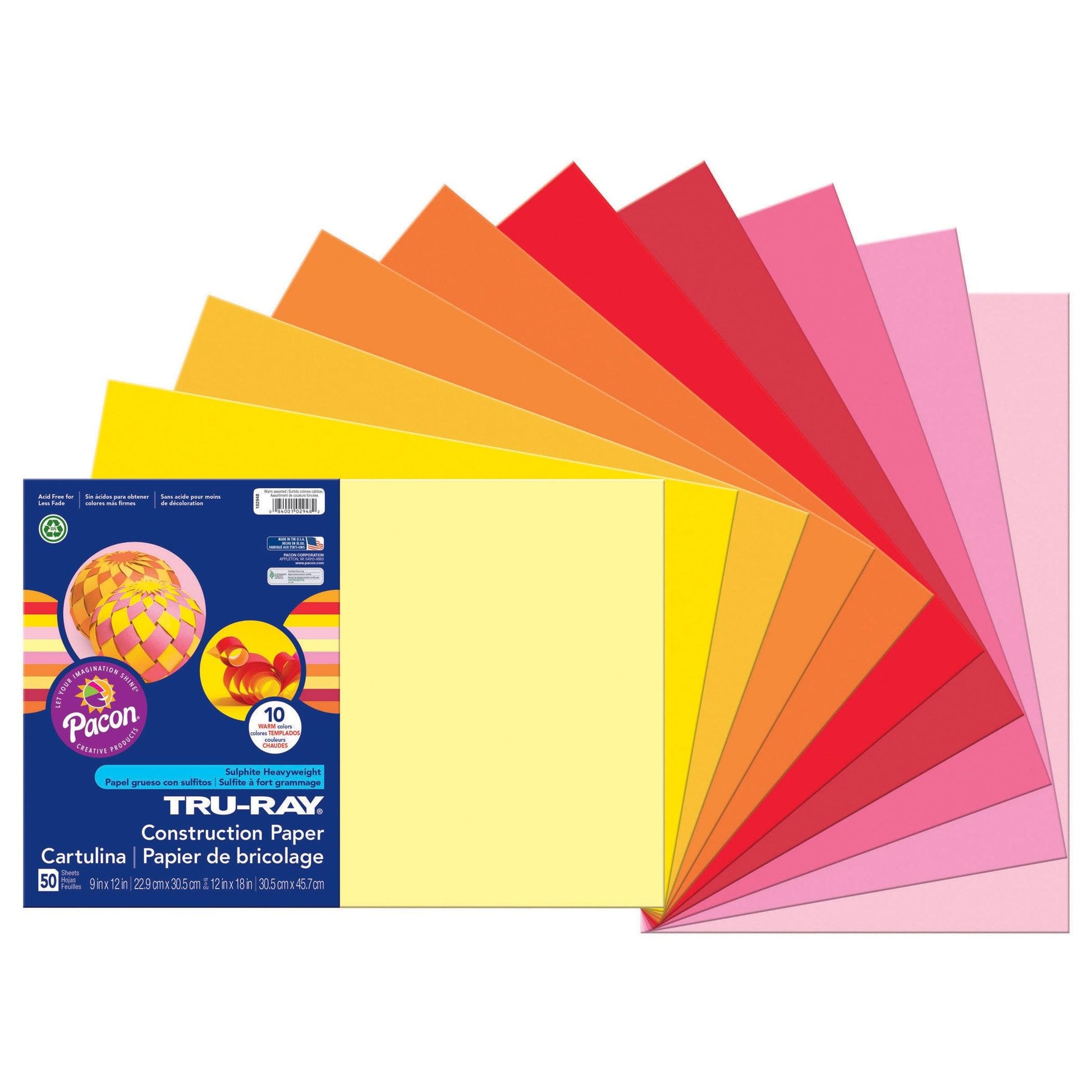 Construction Paper, Warm Assorted, 12" x 18", 50 Sheets Per Pack, 3 Packs - Loomini