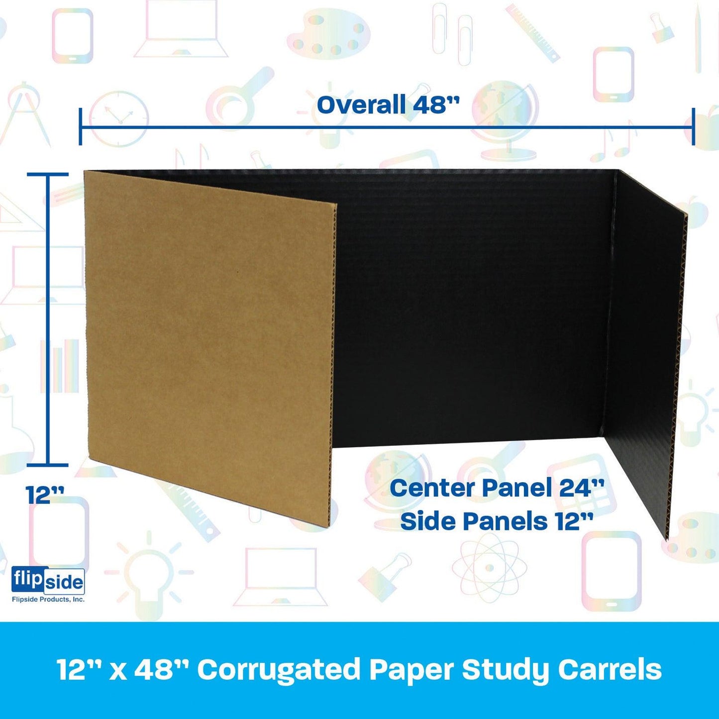 Corrugated Study Carrels, Black, 12" x 48", Pack of 24 - Loomini