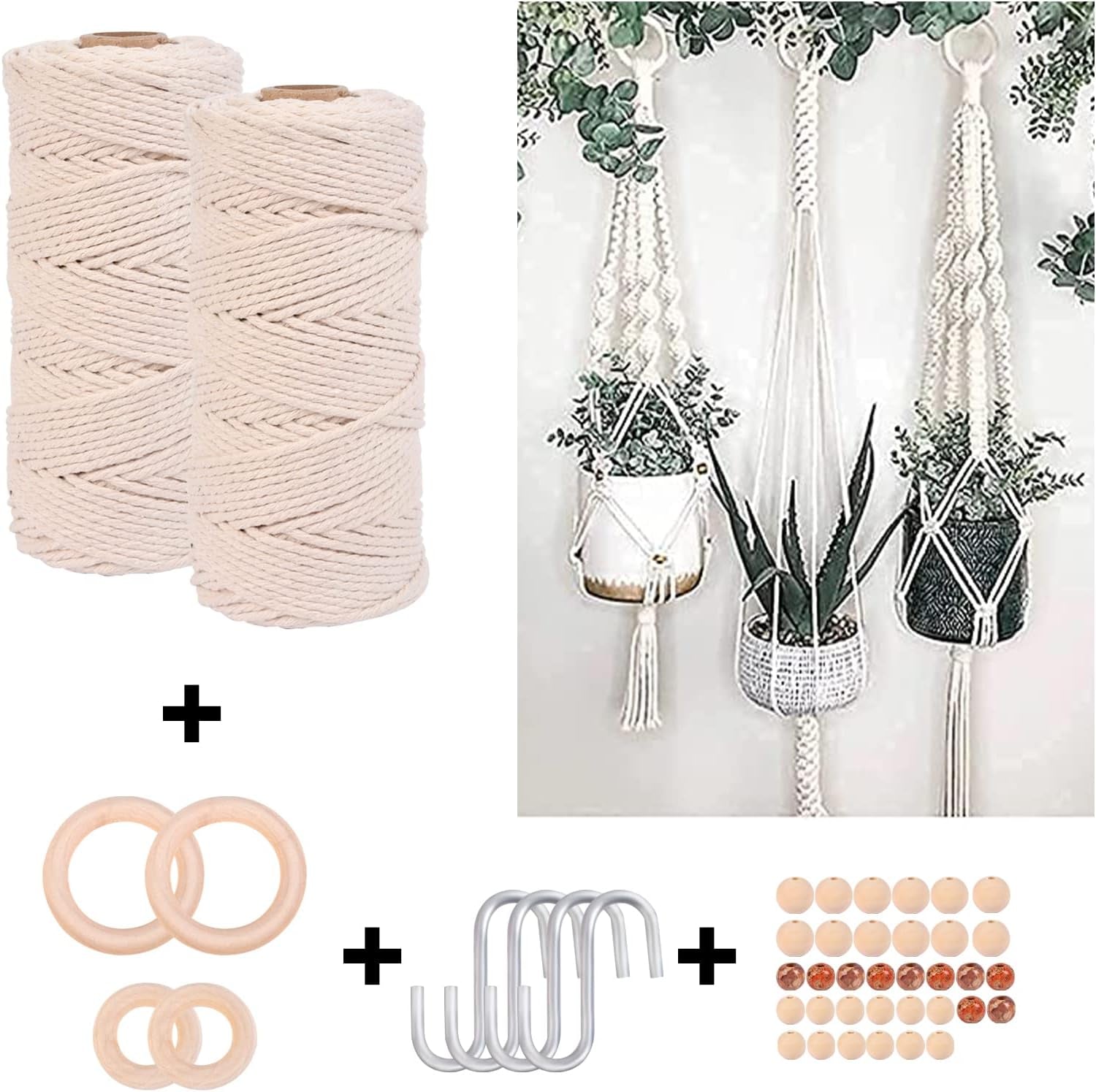 Macrame Cord Kit Macrame Kits with 50Pcs Macrame Supplies 109 Yards 3Mm Cotton Macrame Plant Hangers Kits with Easy to Follow Instructions for Adult Beginners