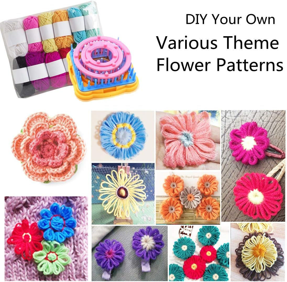 Weaving Loom Kit, Flower Knitting Loom Kit, Frame Looms, Knitting Wool, Round/Square Knitting Looms Craft Kit Multi Color (Flower Maker + Yarn)