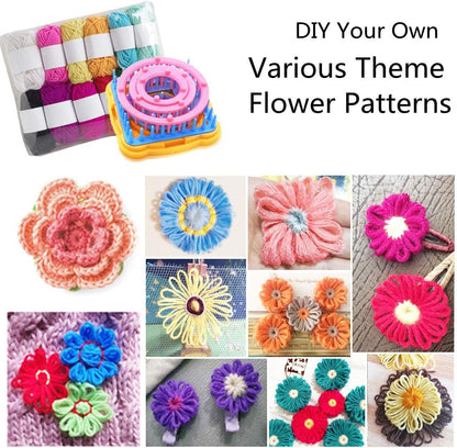 Weaving Loom Kit, Flower Knitting Loom Kit, Frame Looms, Knitting Wool, Round/Square Knitting Looms Craft Kit Multi Color (Flower Maker + Yarn)