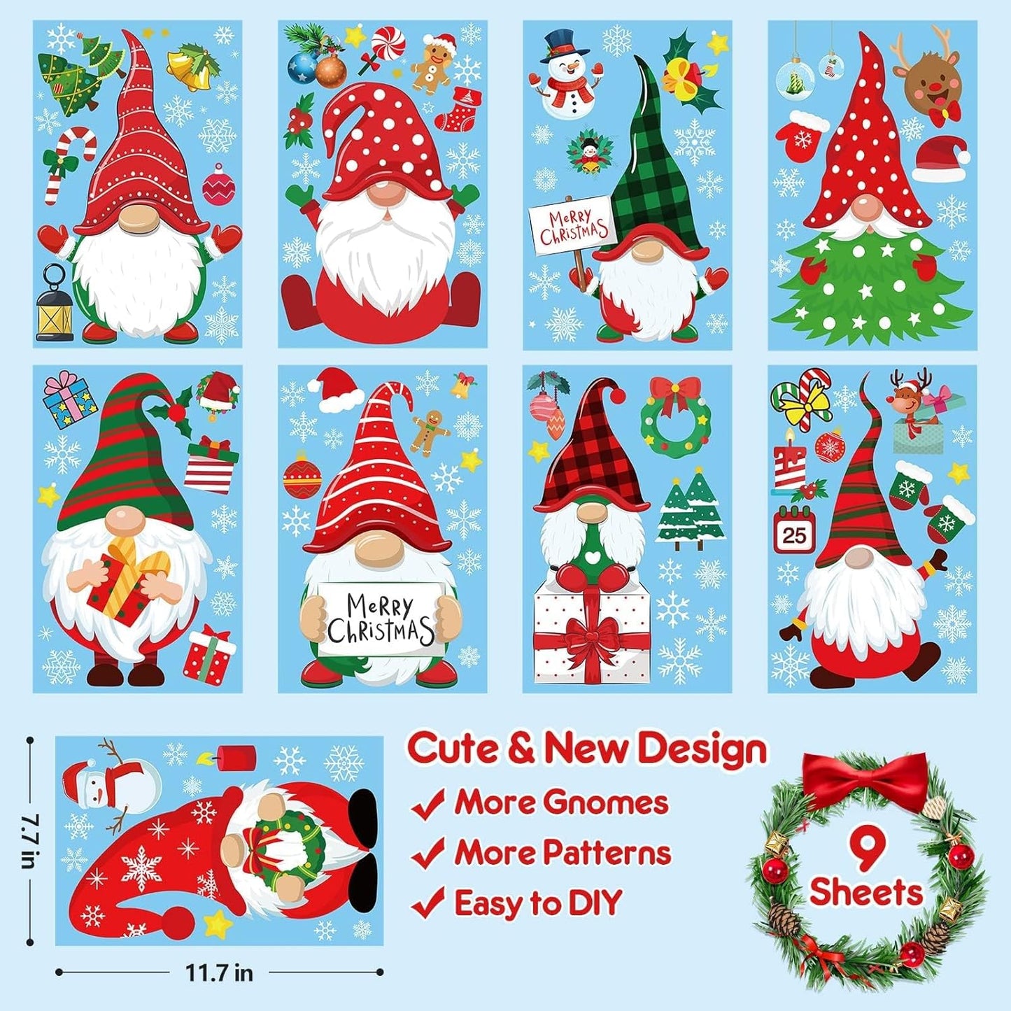 Christmas Window Clings Gnome Christmas Window Decorations Static Christmas Window Decals Window Stickers for Glass Windows Décor Gnome Christmas Decorations Ornaments Party Supplies 9 Sheets