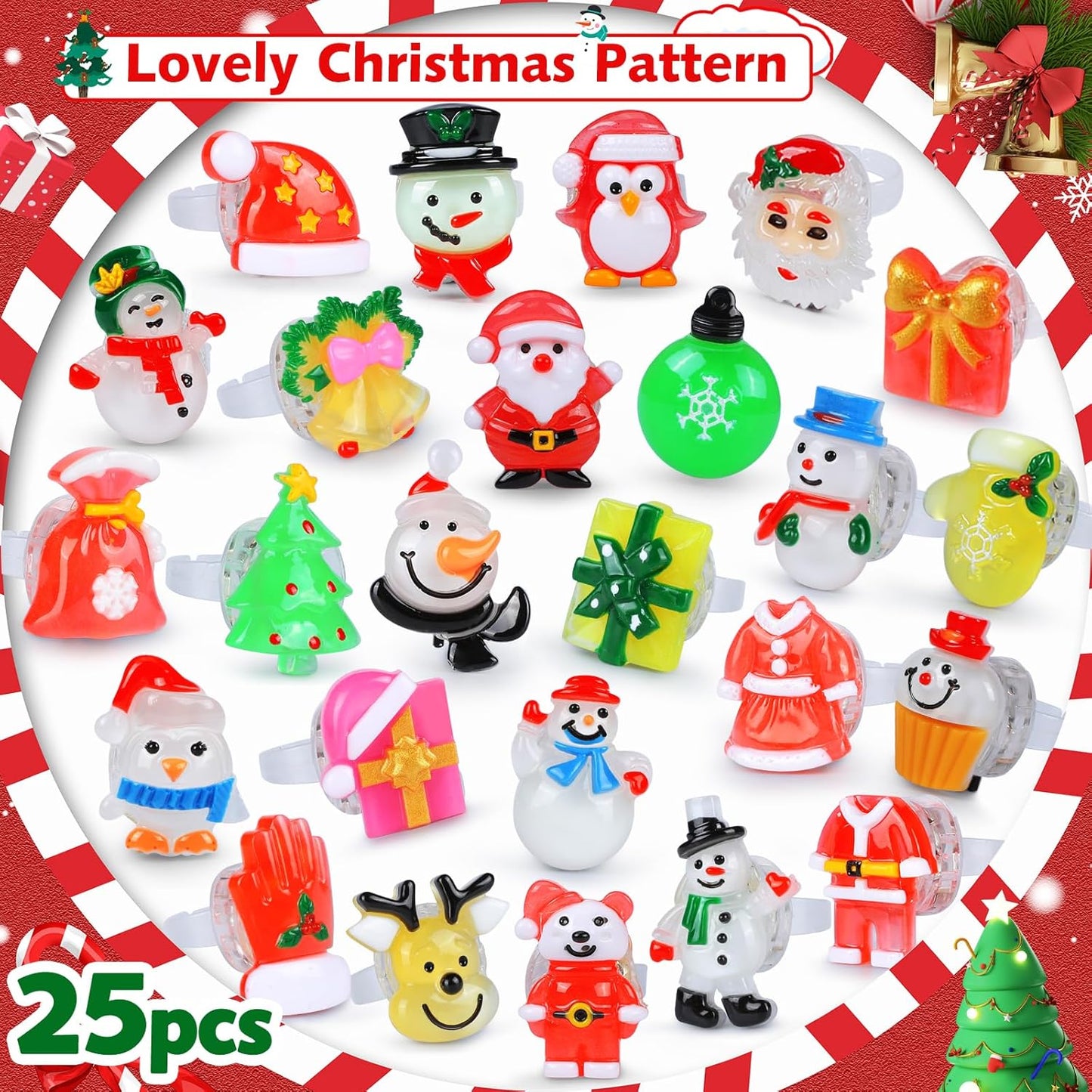 Christmas Party Favors 25Pcs 3D LED Finger Lights for Kid & Adults Toys Light up Rings Stocking Stuffers Party Favors Assorted Styles Gift Package No-Repeat Non Candy Gift New Version