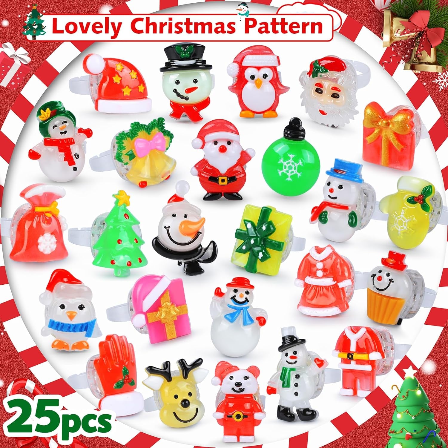 Christmas Party Favors 25Pcs 3D LED Finger Lights for Kid & Adults Toys Light up Rings Stocking Stuffers Party Favors Assorted Styles Gift Package No-Repeat Non Candy Gift New Version