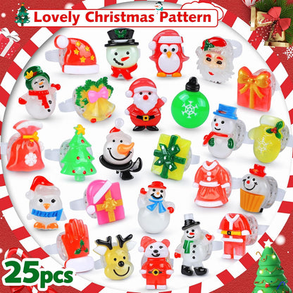 Christmas Party Favors 25Pcs 3D LED Finger Lights for Kid & Adults Toys Light up Rings Stocking Stuffers Party Favors Assorted Styles Gift Package No-Repeat Non Candy Gift New Version