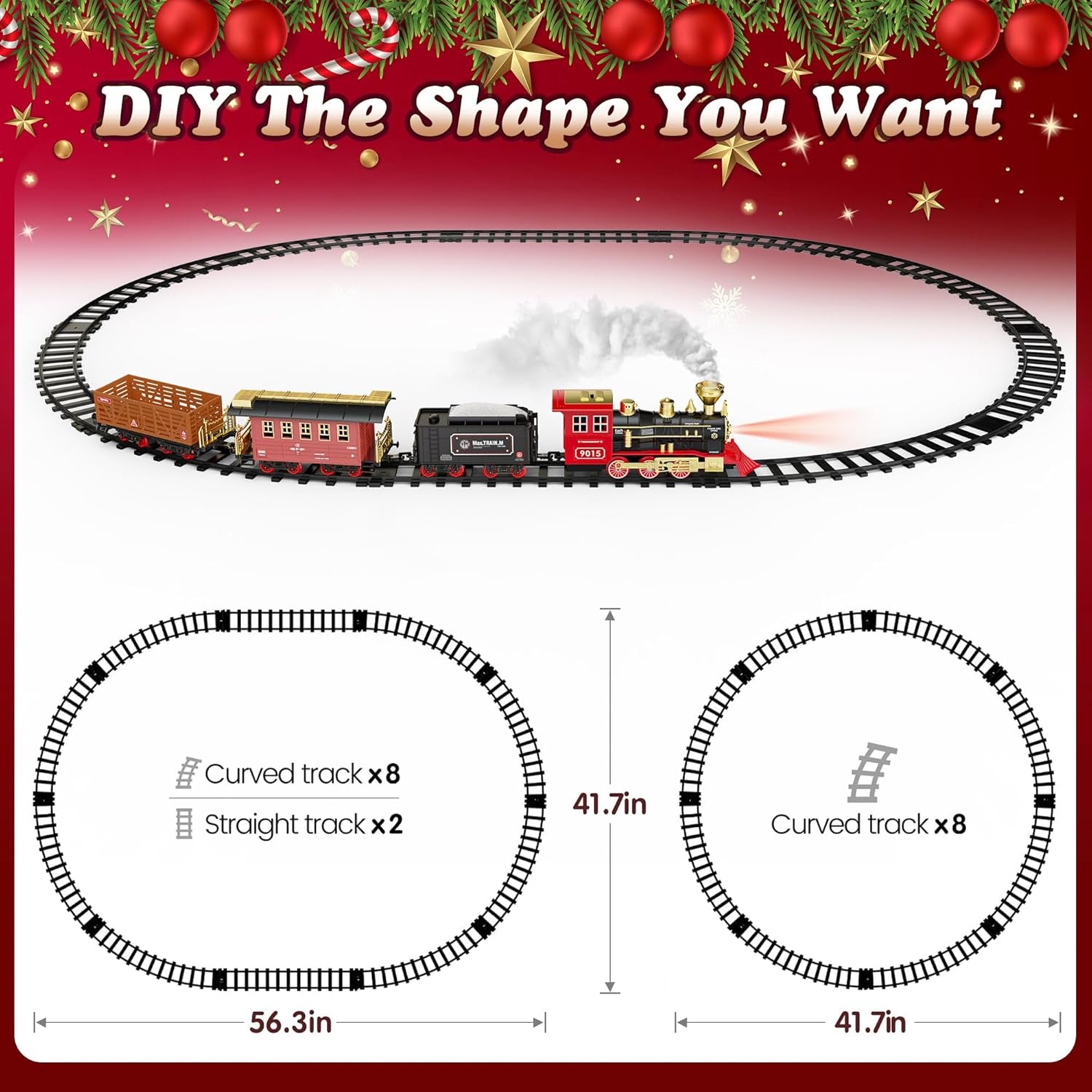 Train Set - Christmas Train with Remote Control Train Toys for Boys with Smokes, Lights and Sound,Toy Train Set for under Christmas Tree, Toddler Model Trains for 3 4 5 6 7 8+ Years Old Kids