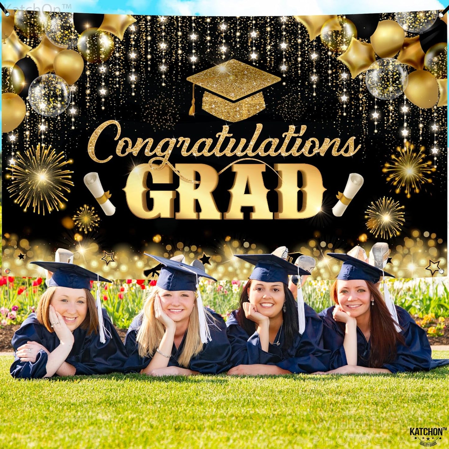 , Congratulations Grad Banner - Large, 72X44 Inch | Glitter Black and Gold Graduation Backdrop, Graduation Decorations Class of 2024 | Congratulations Banner, 2024 Graduation Party Decorations