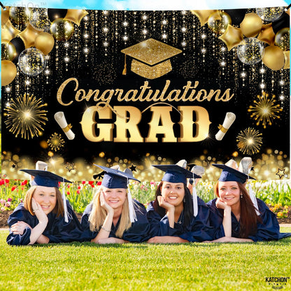 , Congratulations Grad Banner - Large, 72X44 Inch | Glitter Black and Gold Graduation Backdrop, Graduation Decorations Class of 2024 | Congratulations Banner, 2024 Graduation Party Decorations