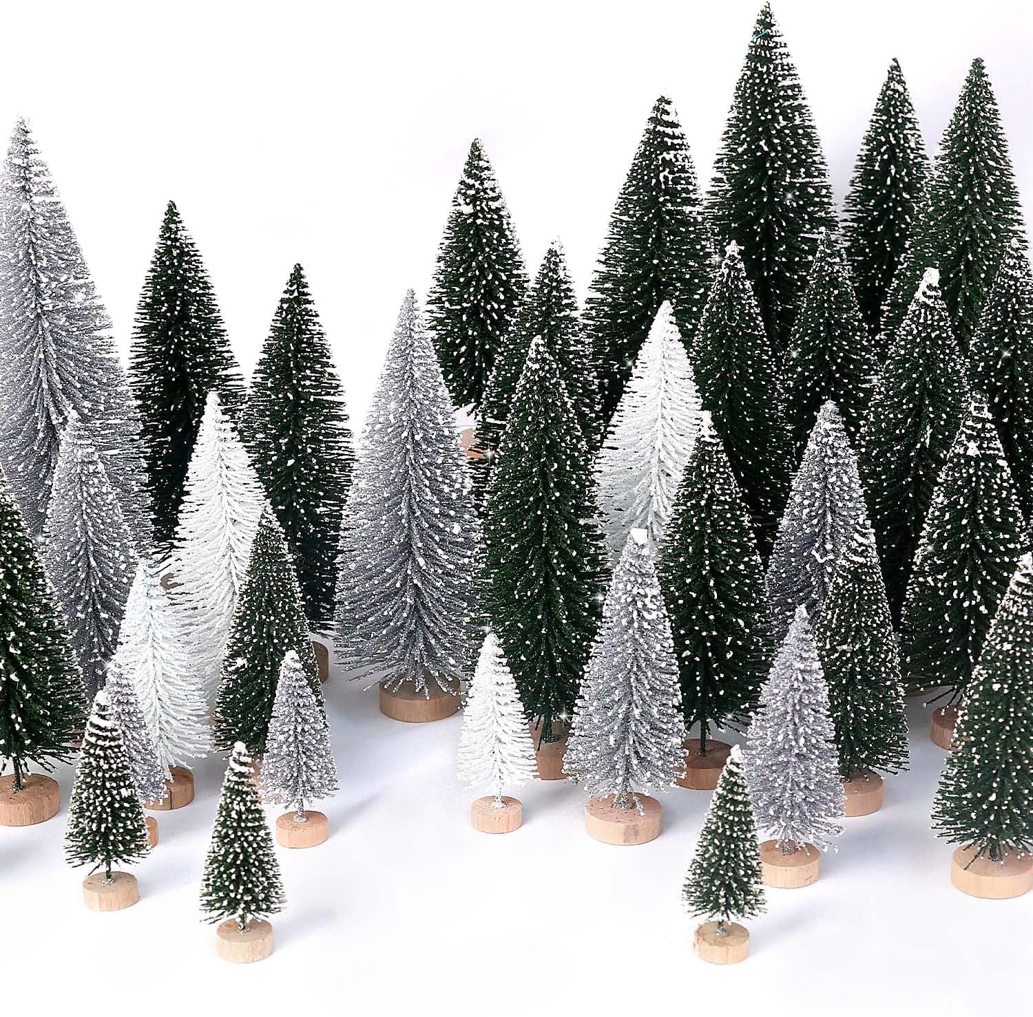 30Pcs Mini Christmas Trees Artificial Christmas Tree Bottle Brush Trees with Wooden Base for Christmas Decor Christmas Party Home Table Craft Decorations(Green+Silver+White)