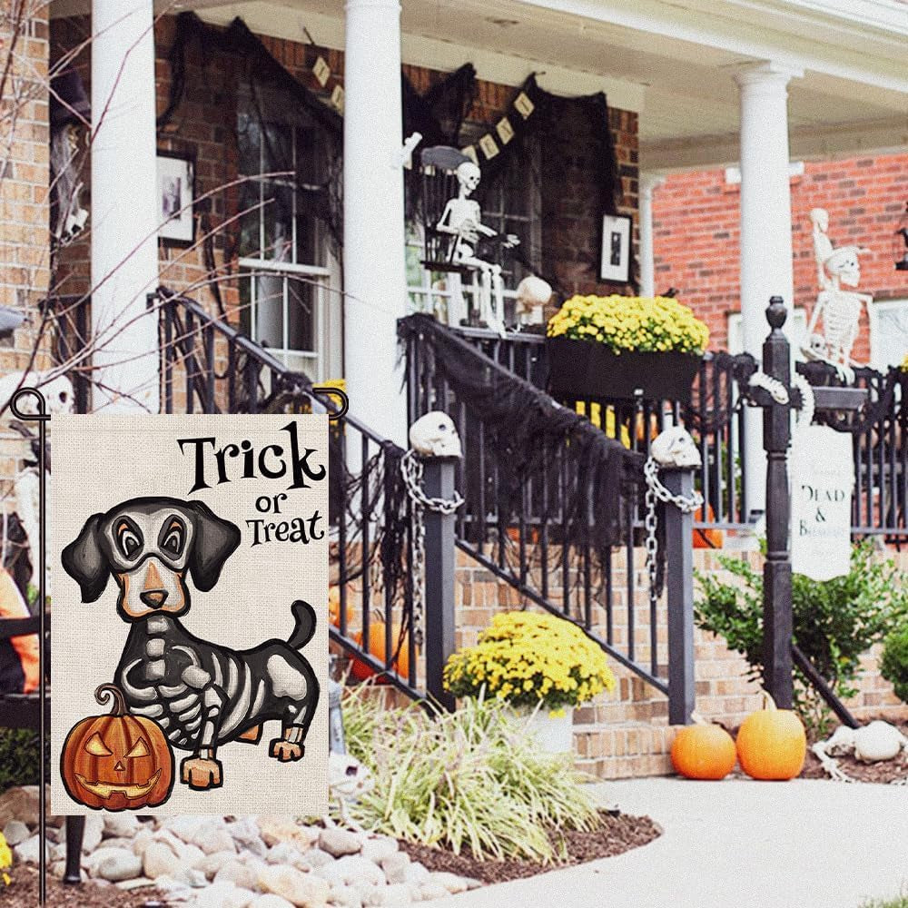 Halloween Trick or Treat Garden Flag Ghost Dog 12X18 Inch Small Double Sided Burlap Welcome Yard Dachshund Skeleton outside Decorations DF342