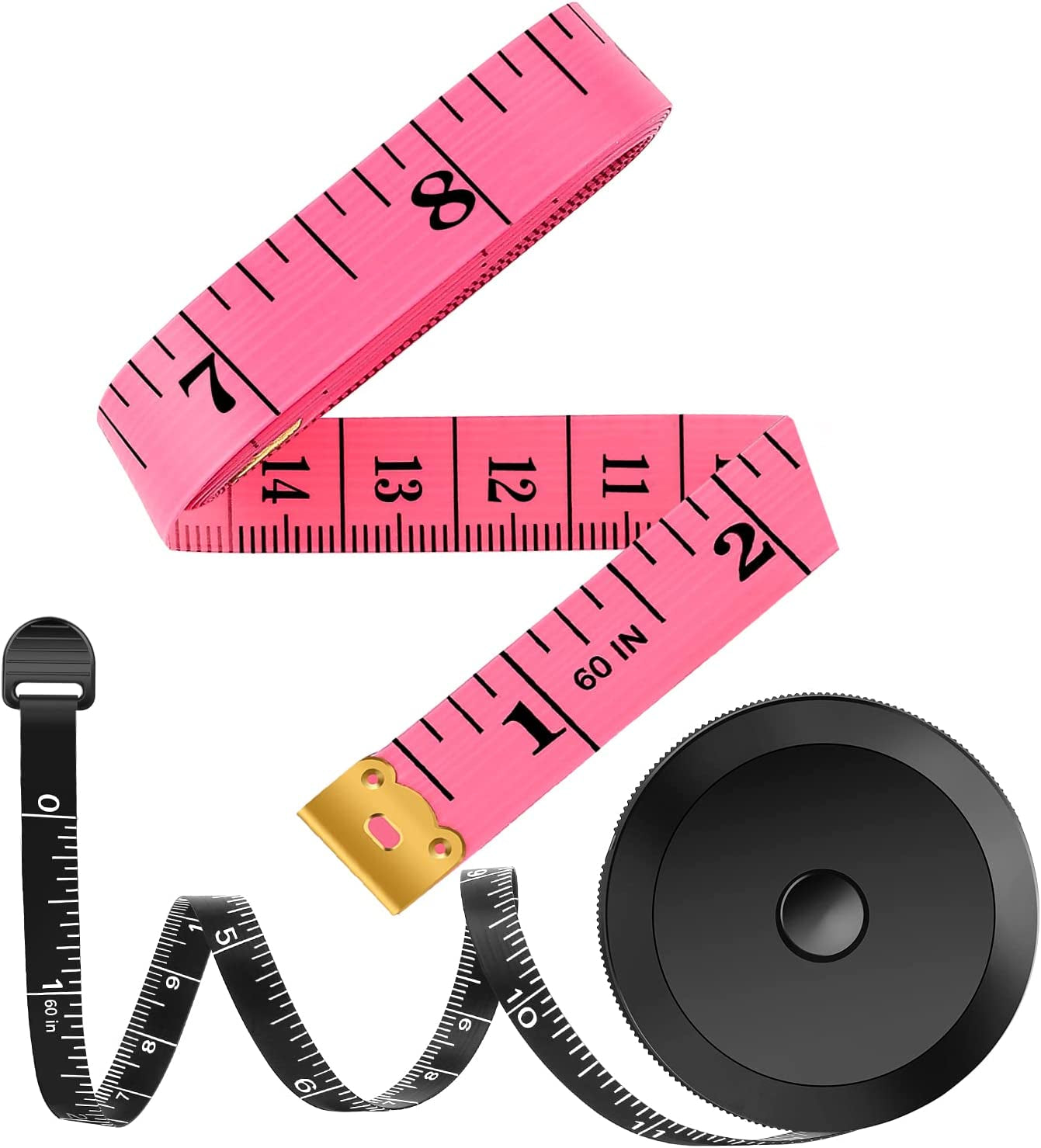 2 Pack Tape Measure Measuring Tape for Body Fabric Sewing Tailor Cloth Knitting Vinyl Home Craft Measurements, 60-Inch Soft Fashion Pink & Retractable Black Double Scales Rulers for Body Weight Loss