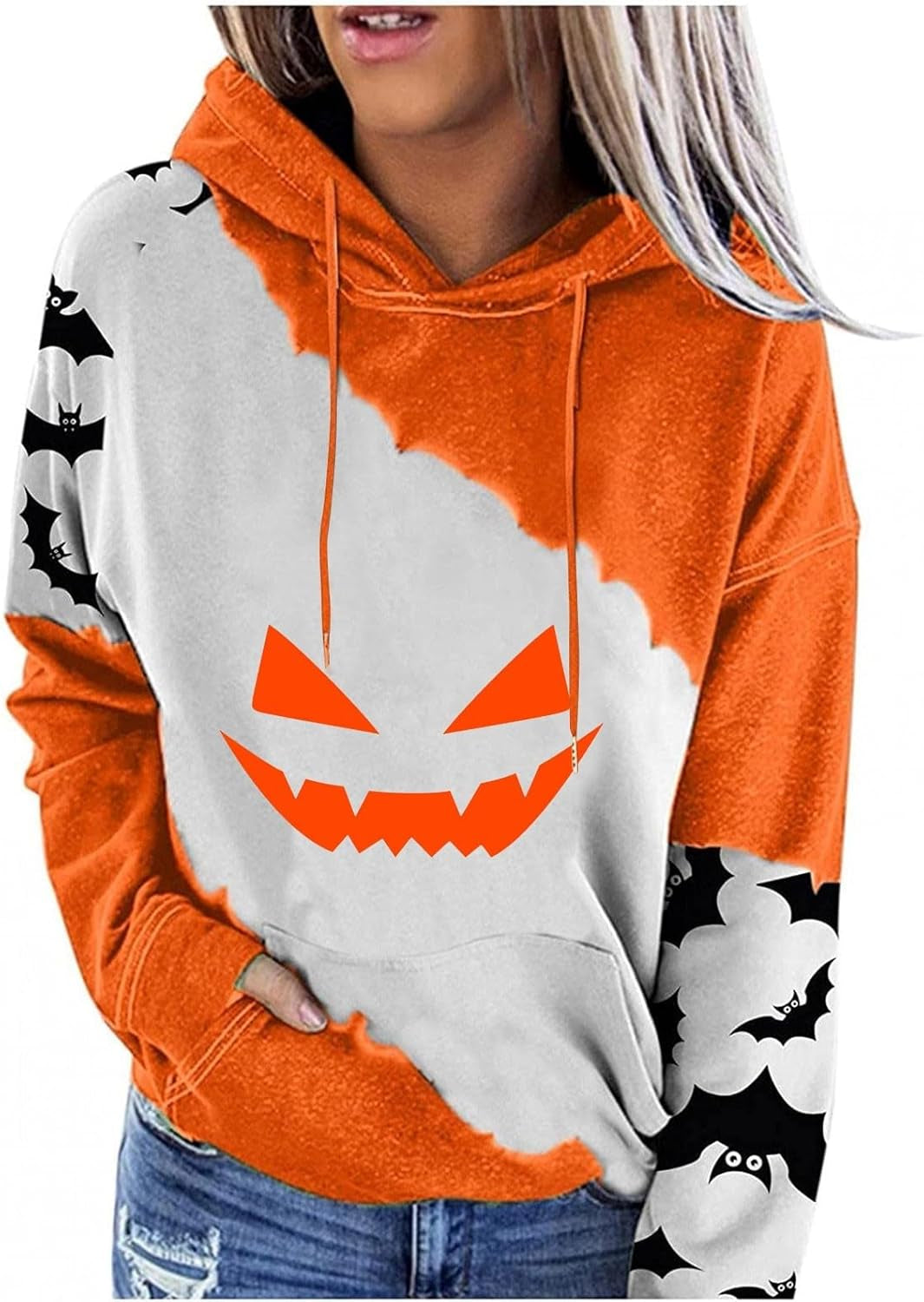 Halloween Hoodie for Women 2024 Scary Pumpkin Printed Long Sleeve Sweatshirts Pullover Cute Costumes with Pockets