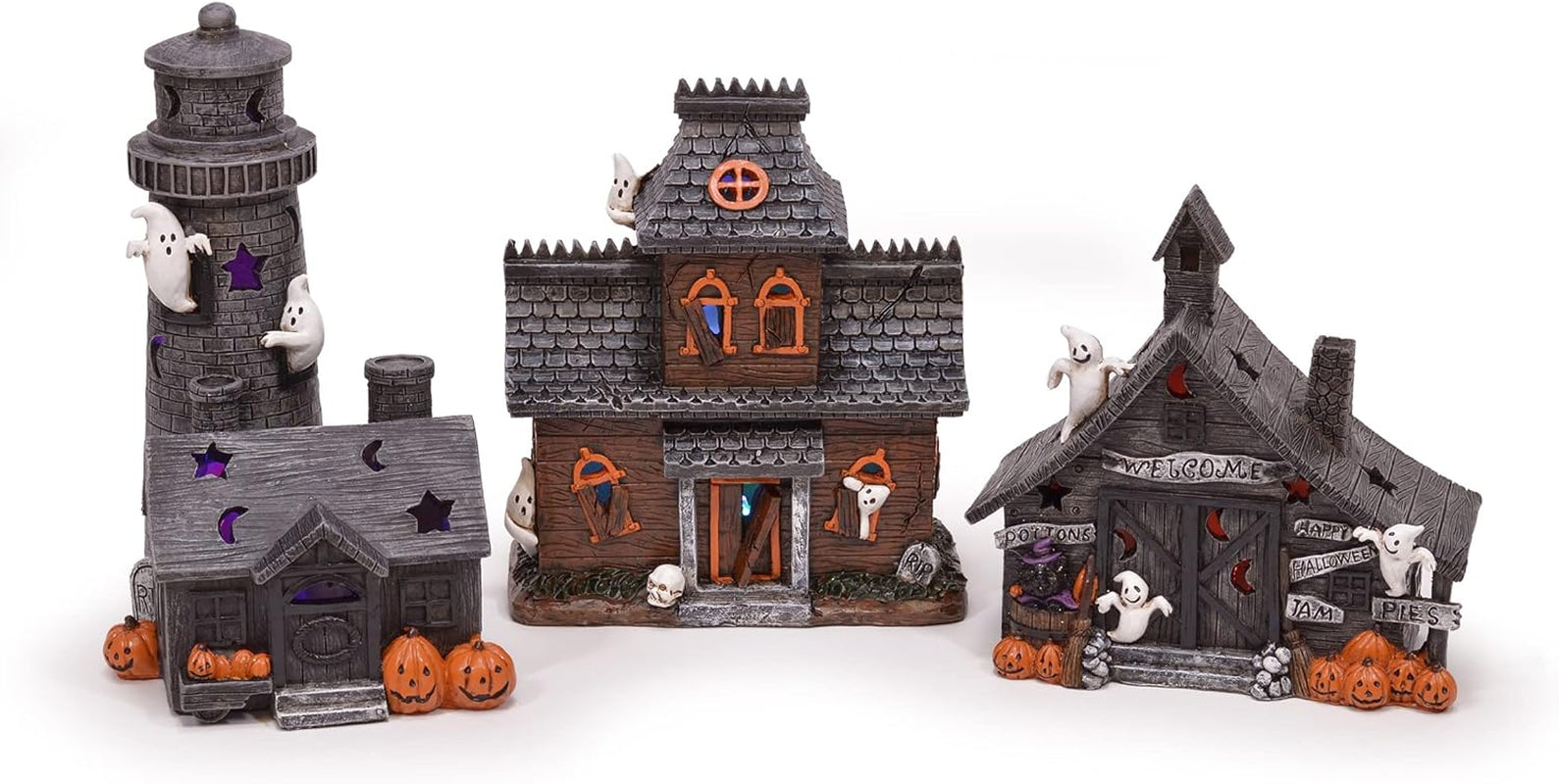 Spooky Halloween Color Changing Pre-Lit LED Haunted House Village Set, 8 Inch, Set of 3