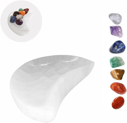 Stemma Selenite Bowl 4 Inch Crystals and Healing Stones| 9 Piece Crystal Sets for Beginners Selenite Plate for Charging| Chakra Stones Healing Crystal Decor| Moroccan Selenite