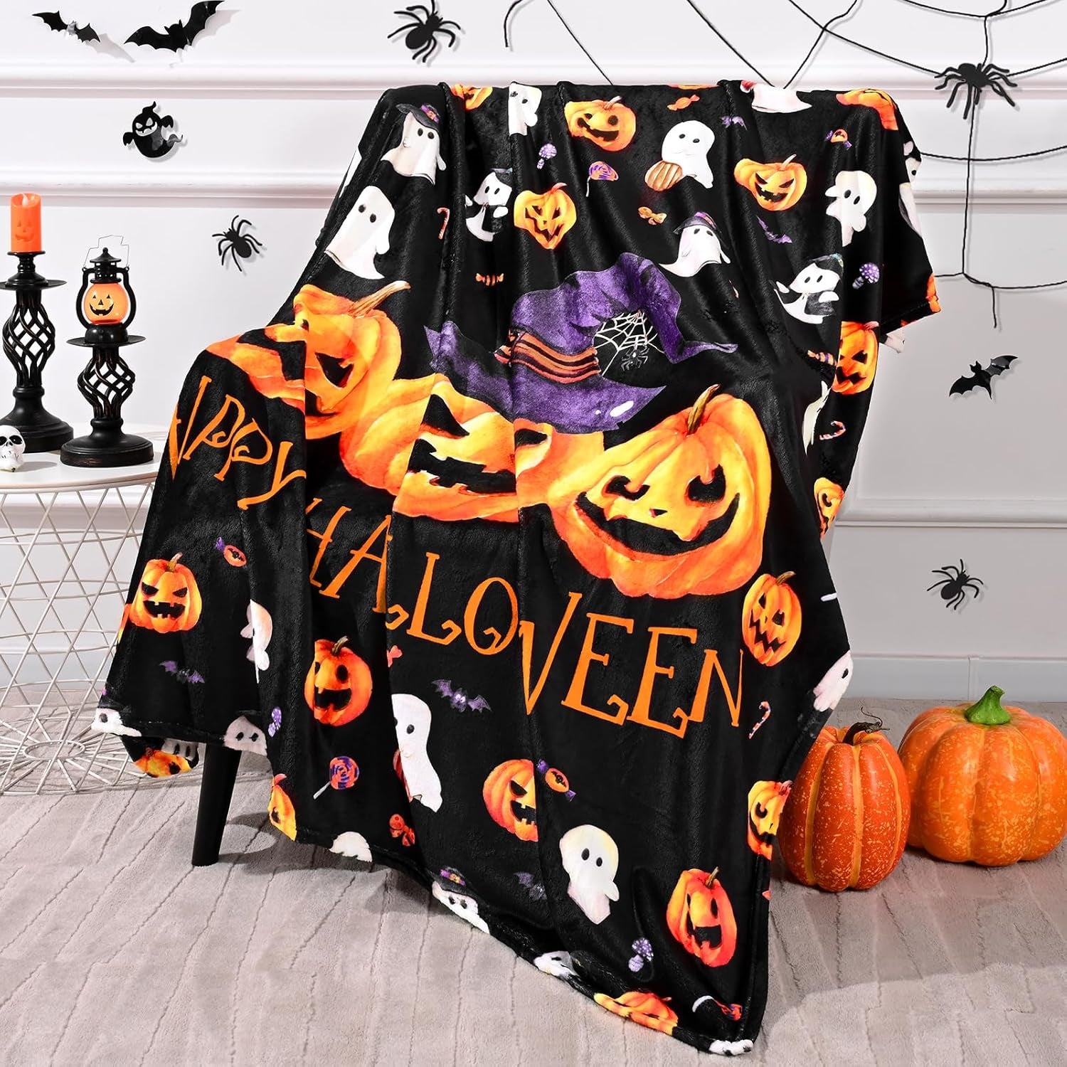 Halloween Throw Blanket Cute Pumpkin Black Blanket Halloween Blanket Flannel Throw Blanket for Couch Super Soft Cozy Comfy for Chair, Bed, Sofa, 50X60 In